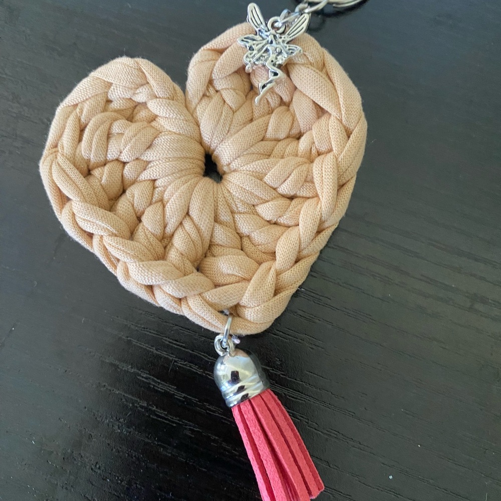 Handcrafted Tan Heart Keychain with Pink Tassel